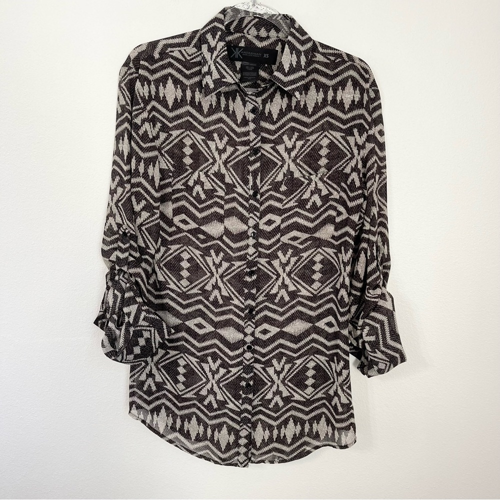 Kardashian Kollection Shirt Sheer Button Roll Tab Sleeve Animal Print Size XS